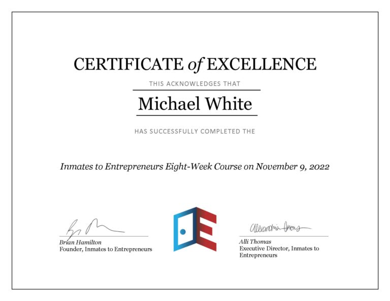 Michael W inmates to entepreneurs certification